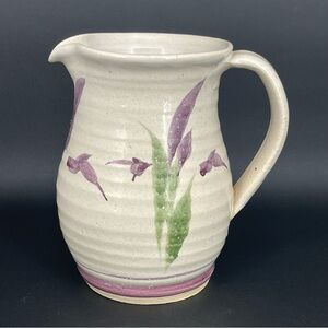 Vintage Large Handmade Pottery Pitcher/ Vase with Iris Purple Floral